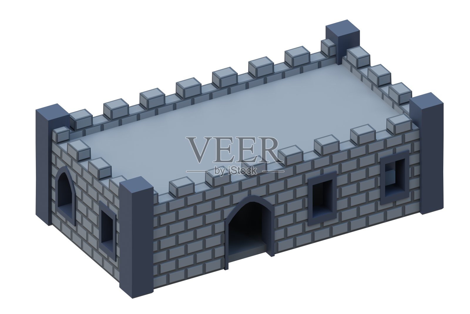灰砖中世纪建筑等长风格堡垒。3 d渲染。照片摄影图片