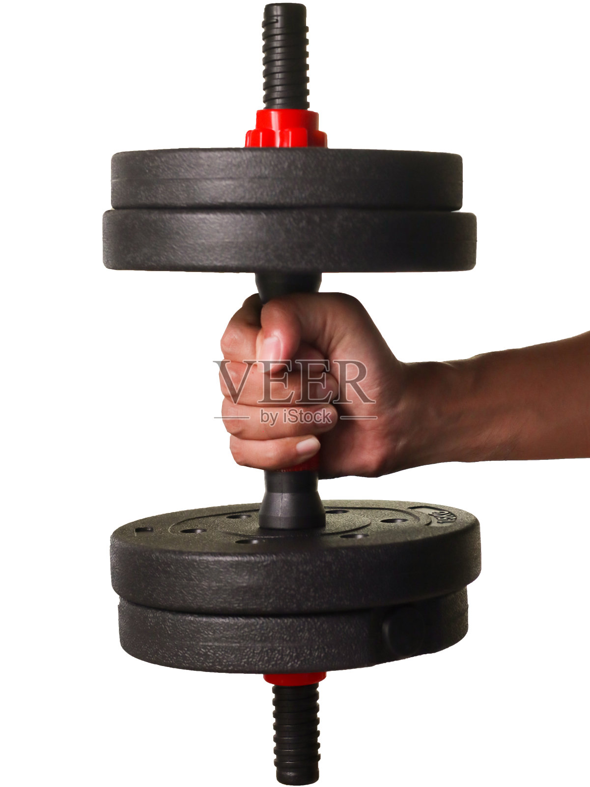 男子手持黑铁哑铃在白色孤立的背景照片摄影图片