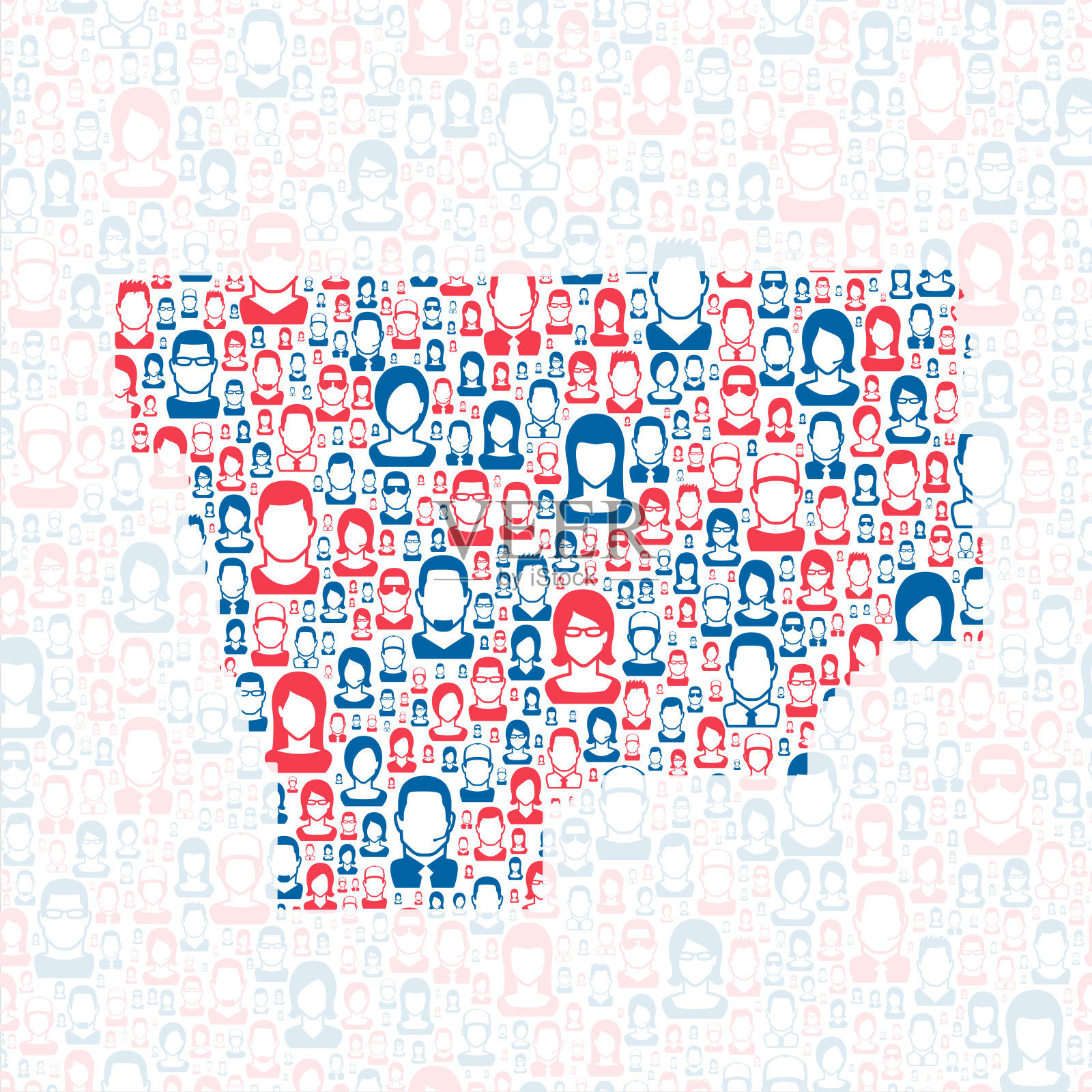 蒙大拿州的Musselshell县。地图上有蓝色和红色的人插画图片素材