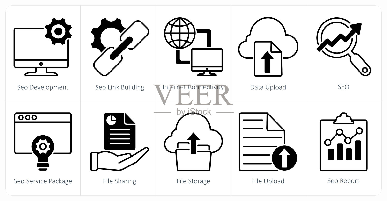 一组10个seo图标作为seo开发，seo链接建设，互联网连接插画图片素材