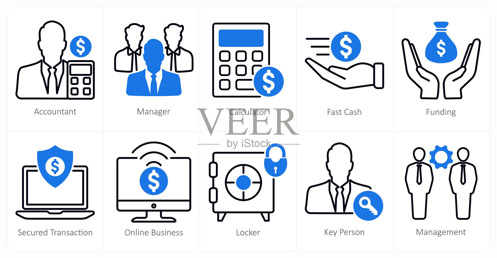 一套10个商业和办公室图标会计，经理，计算器插画图片素材