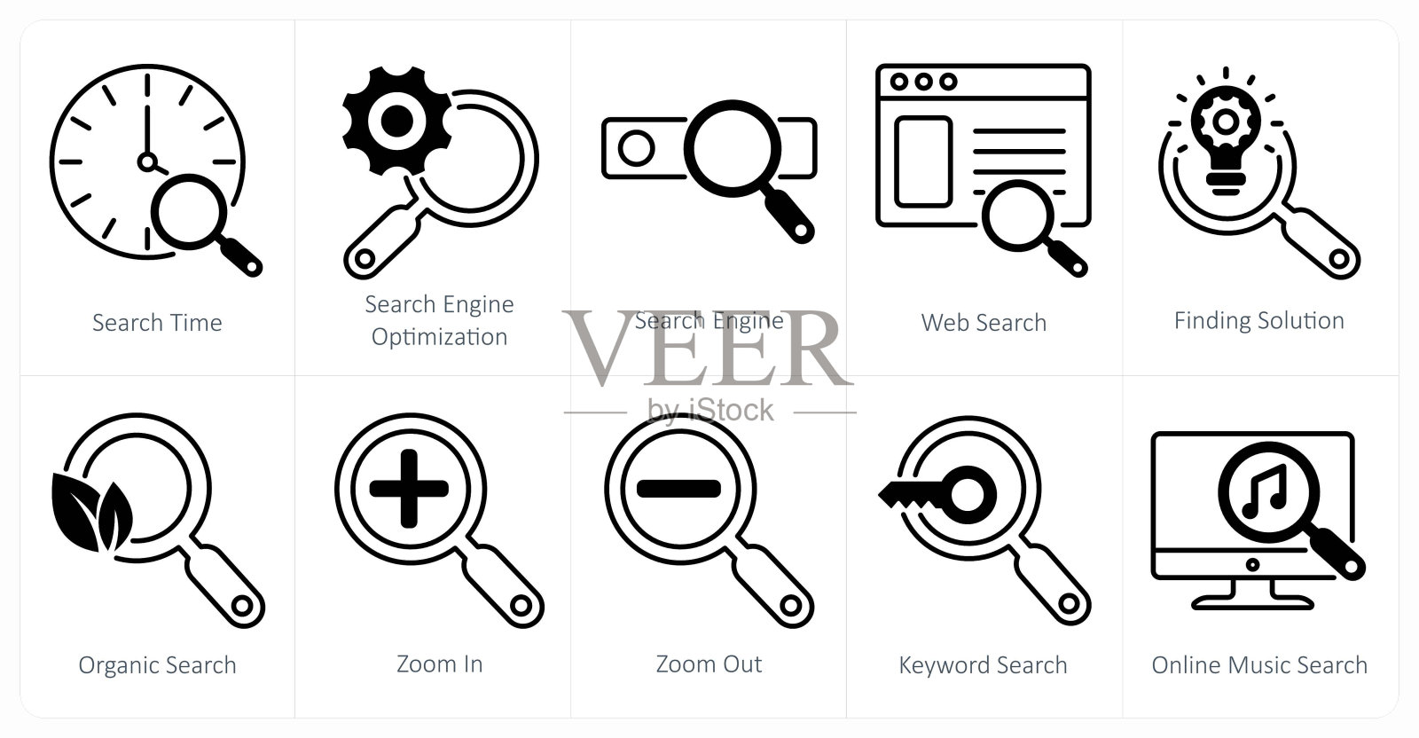 一套10个seo图标作为搜索时间，搜索引擎优化，搜索引擎插画图片素材