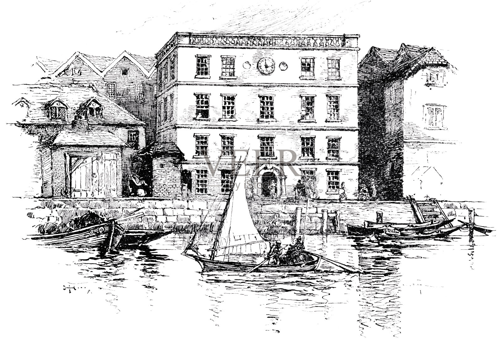 1666年大火后，泰晤士河街的钢铁场。自1475年以来，该地区在泰晤士河北岸划出了一块约7000平方米的围栏，伦敦的汉萨商人在这里设立了分支机构插画图片素材