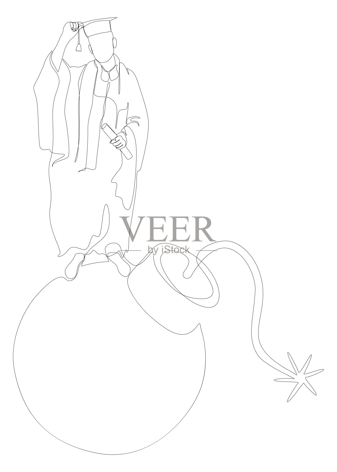一排连续的毕业生和炸弹。细线插图矢量概念。轮廓画创意。插画图片素材