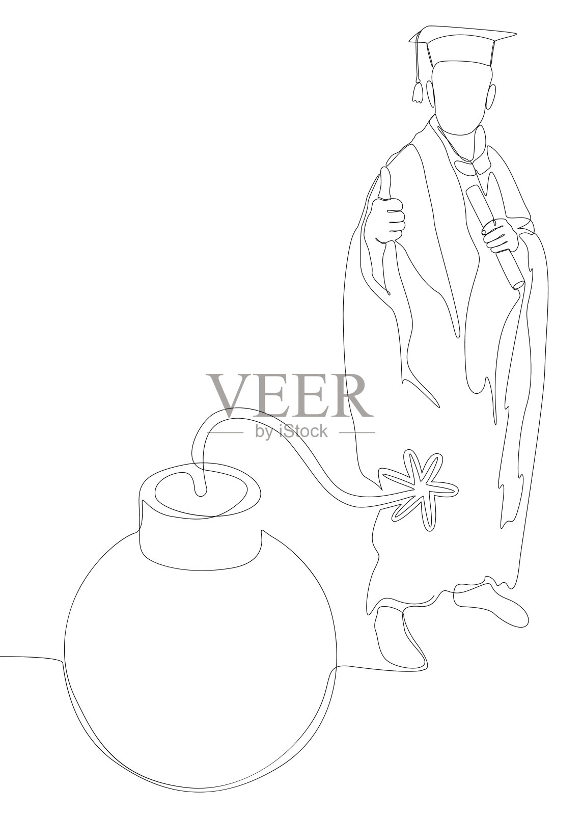 一排连续的毕业生和炸弹。细线插图矢量概念。轮廓画创意。插画图片素材