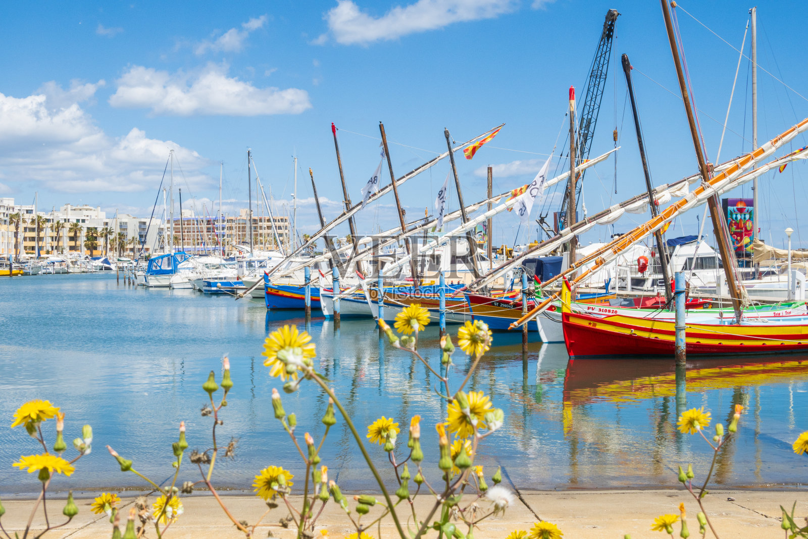 巴卡罗斯港码头的渔船，在明亮的光线和鲜艳的色彩下拍摄照片摄影图片
