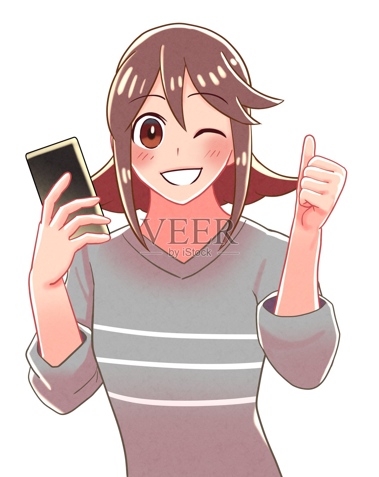 女孩拿着手机竖起大拇指的剪贴画插画图片素材