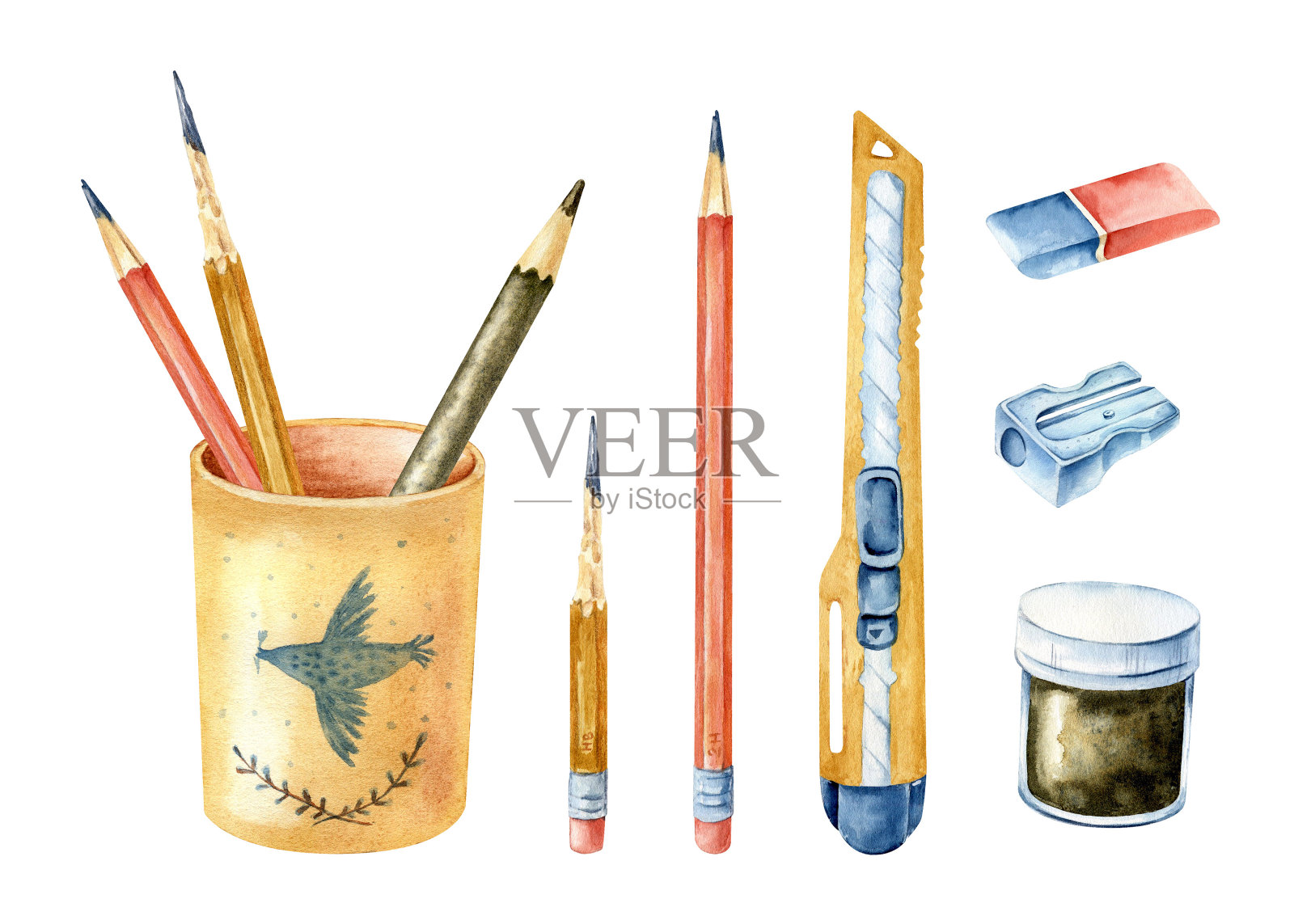 回到学校，大集合。手绘孤立的元素与学校用品和创意元素。铅笔，卷笔刀，橡皮擦，一玻璃杯铅笔。水彩插图插画图片素材