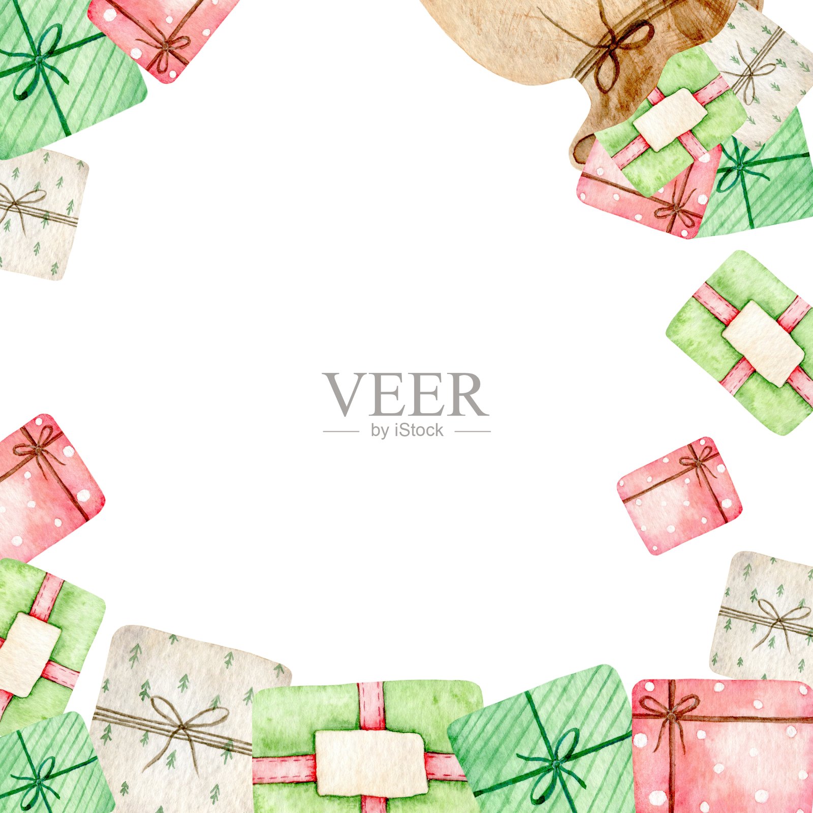 水彩彩色礼盒框架与空间的文字。手绘圣诞插图孤立的背景卡片，邀请到假期。插画图片素材