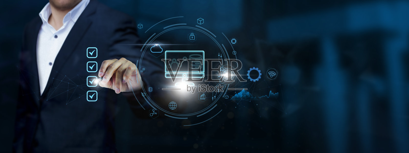 大数据:商务人员核对大数据技术及核对表，虚拟界面业务管理，数据分析概念。照片摄影图片