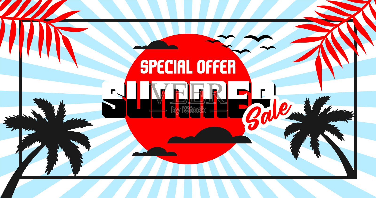 创意的夏季销售横幅在时尚明亮的颜色与热带树叶和折扣文字。季节促销梯度图。插画图片素材