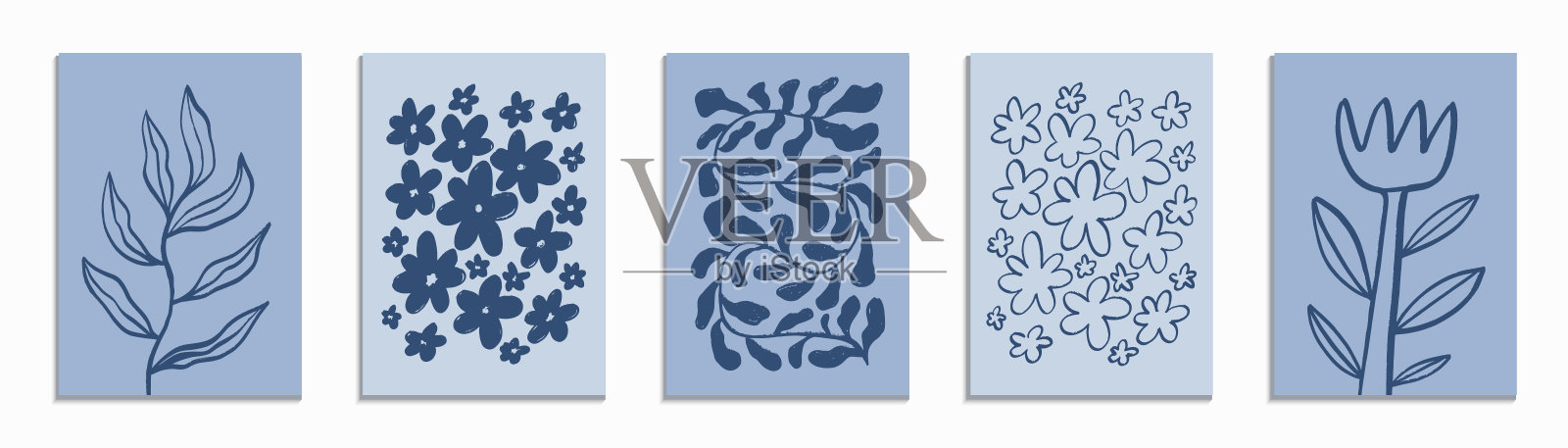 一套时尚的植物抽象版画。手绘花卉设计。适合制作海报、明信片等。插画图片素材