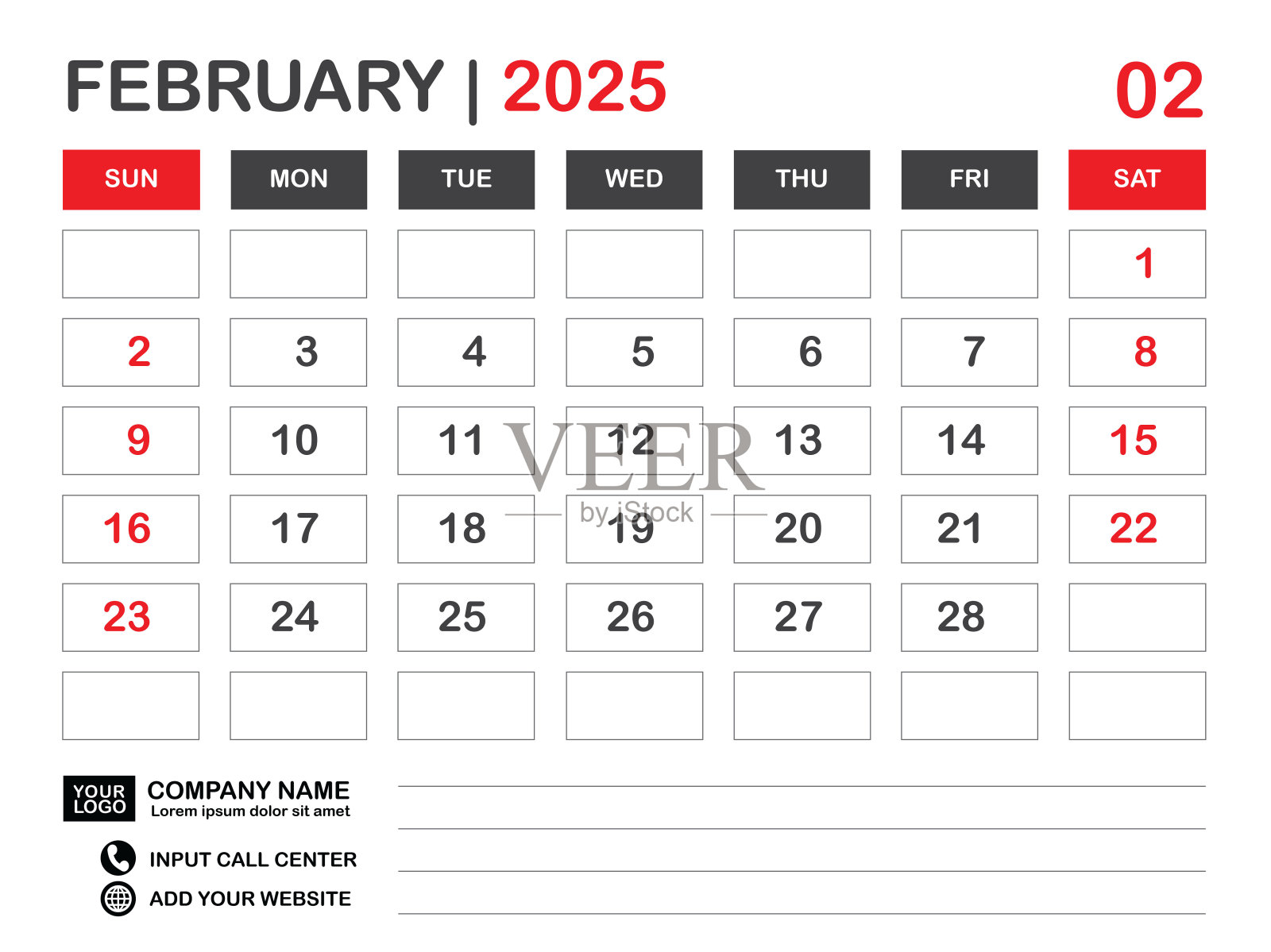 日历2025模板，2025年2月布局，台历2025年，挂历设计，周开始于周日，规划师，印刷媒体，海报，组织者，广告，红色背景，矢量插画图片素材