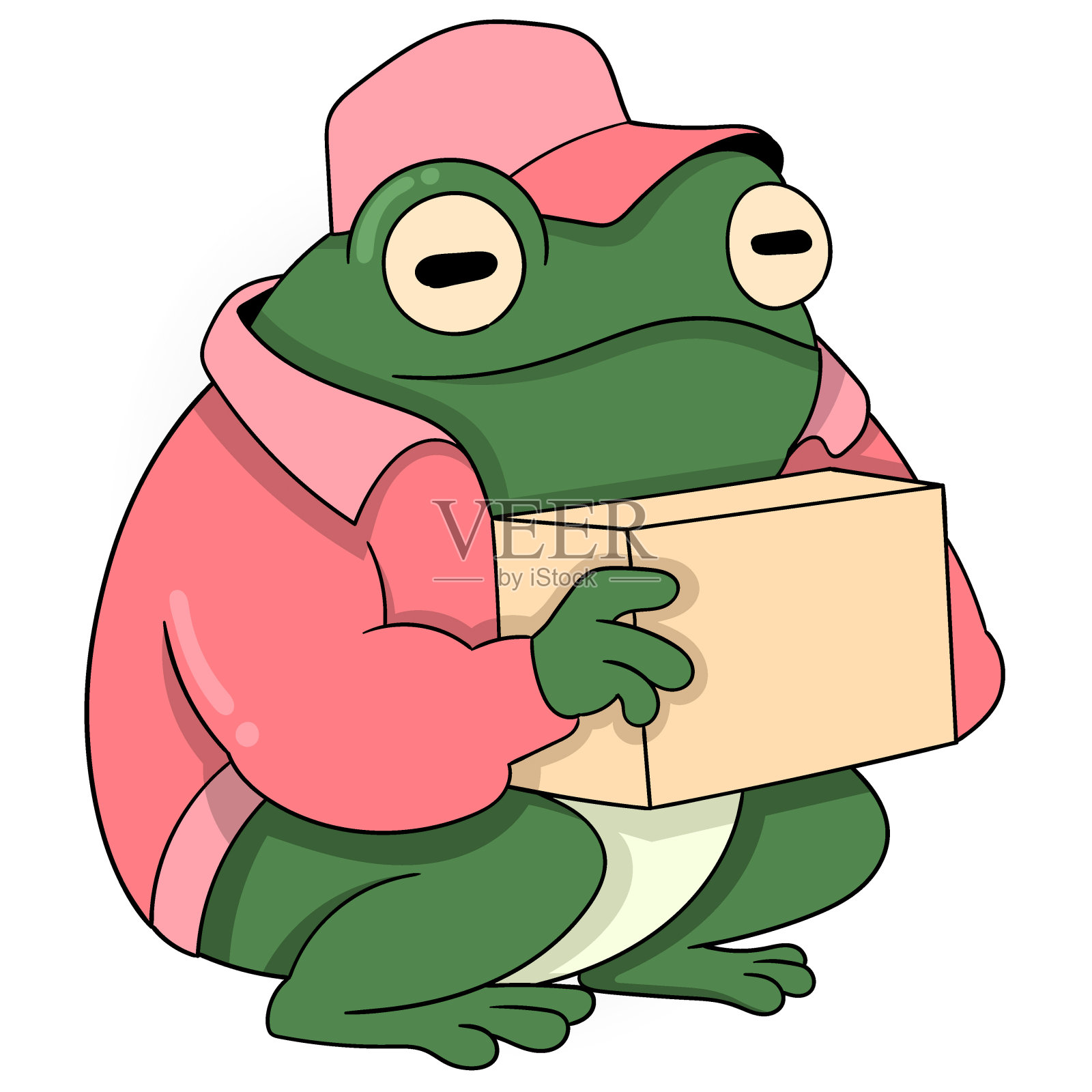 快递员绿青蛙把包裹送到顾客家插画图片素材