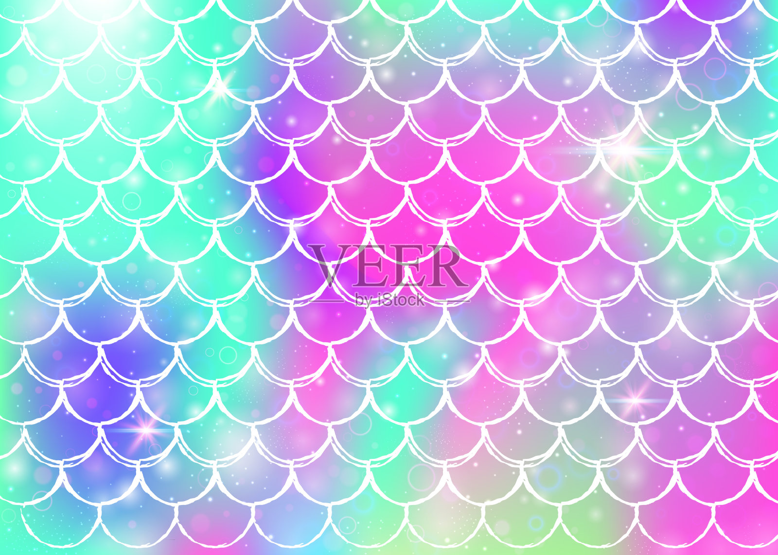 公主美人鱼背景与卡哇伊彩虹鳞片图案。插画图片素材
