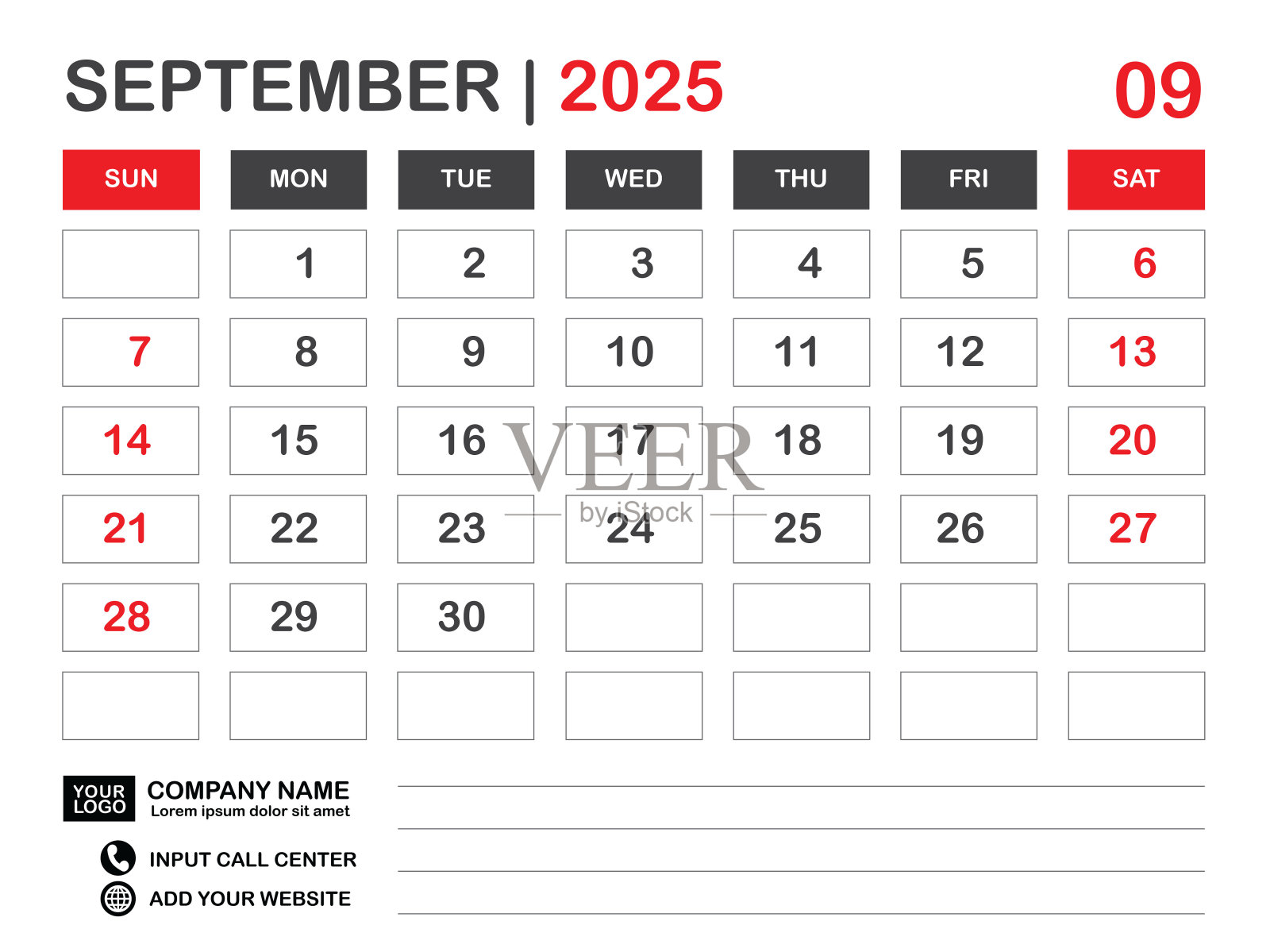 日历2025模板，2025年9月布局，台历2025年，挂历设计，周开始于周日，规划师，印刷媒体，海报，组织者，广告，红色背景，矢量插画图片素材