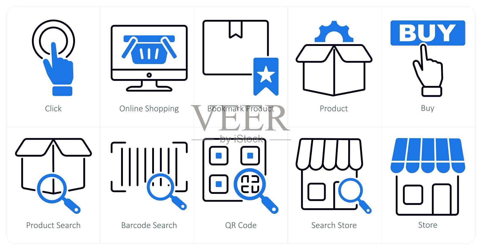 一套10个购物图标作为点击，网上购物，书签产品插画图片素材