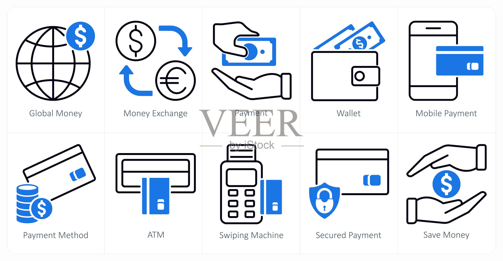 一套10个购物图标作为全球货币，货币兑换，支付插画图片素材