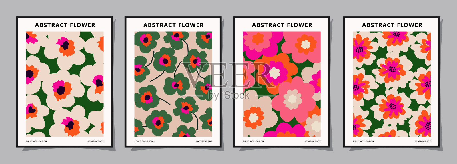 一套抽象的groovy花海报。时尚的植物墙艺术与花卉设计印刷在黑色和白色的颜色。现代朴素的室内装饰，封面，卡片，背景和最小的印刷。插画图片素材