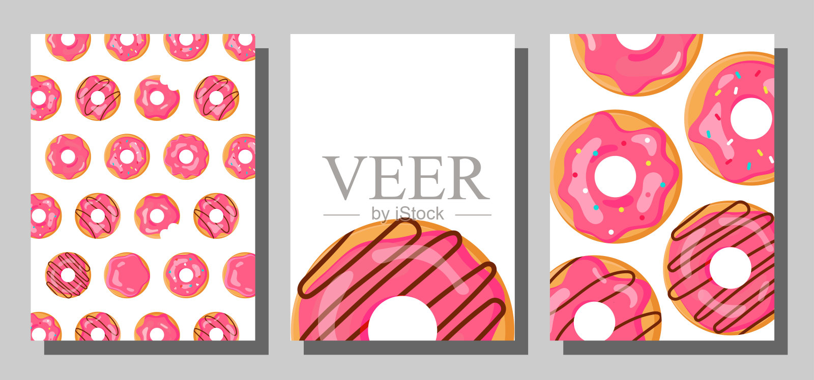 甜甜圈横幅集。甜甜圈卡组。可爱的粉色霜和撒甜甜圈海报。采购产品生日贺卡，优惠券，小册子，面包店广告横幅。副本的空间。彩色矢量插图插画图片素材