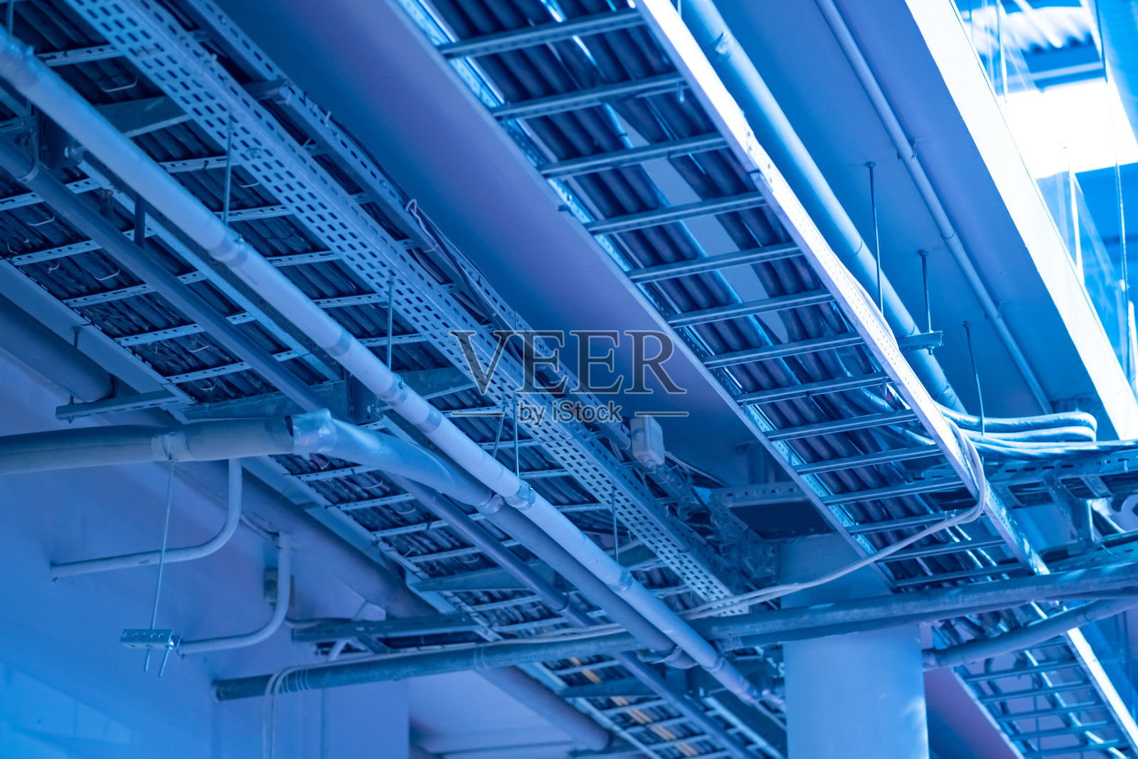 网络工程。进行连接。技术层。技术机房的电缆布线。安全导电。技术室的天花板。确保消防安全。做一名电工照片摄影图片