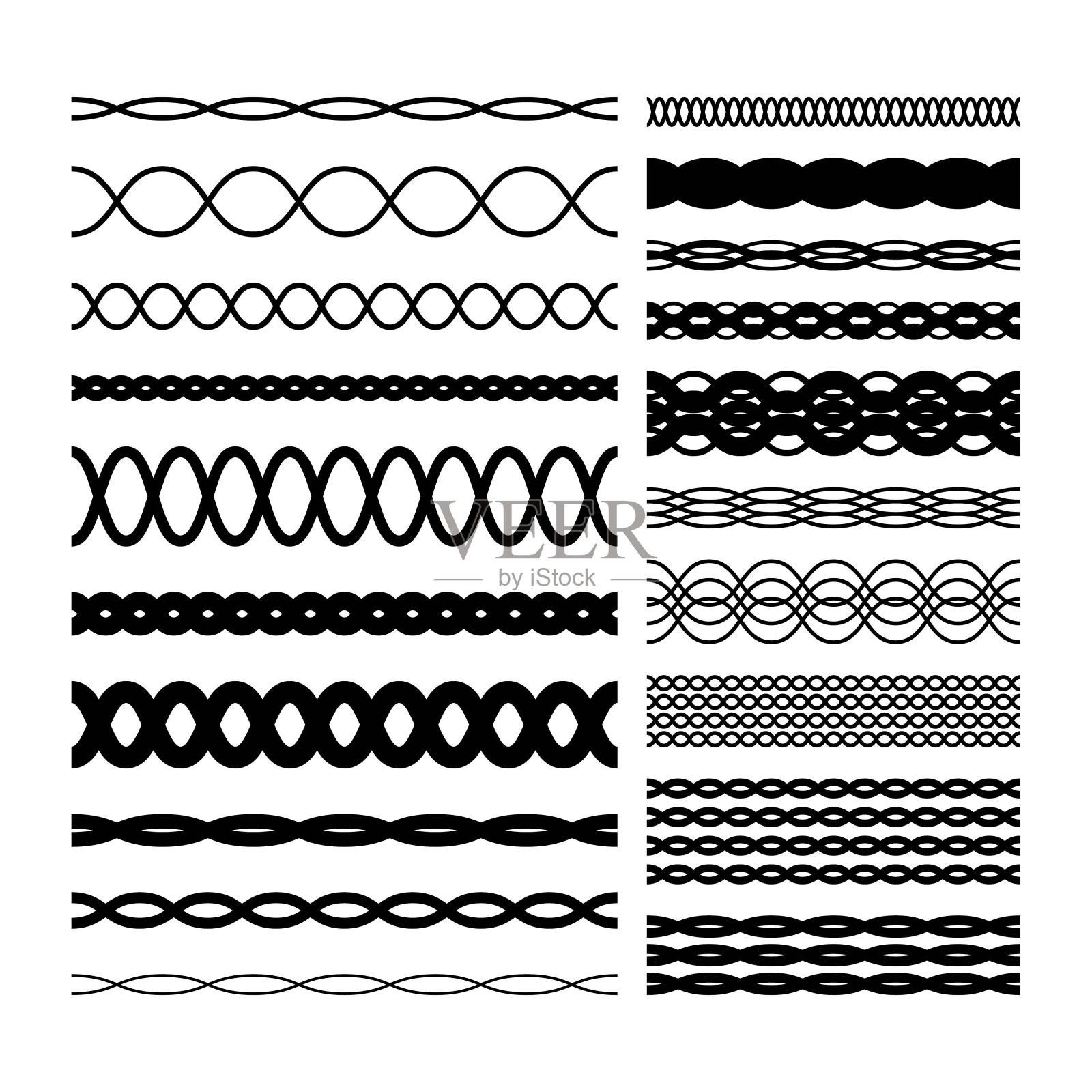 边框波浪形线分隔，几何形状元素，水平之字形无缝图案笔画轮廓插画图片素材