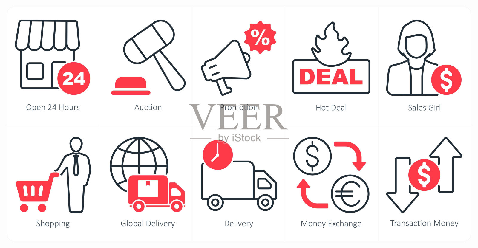 一套10个购物图标，24小时开放，拍卖，促销插画图片素材