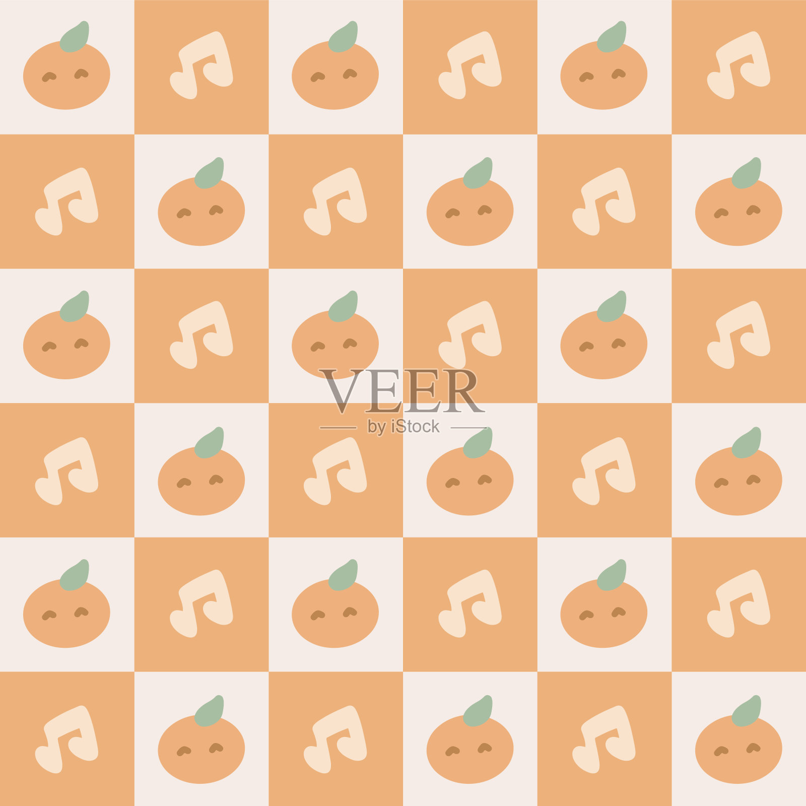 可爱的橙色水果和音乐笔记图案米色和橙色的背景。插画图片素材