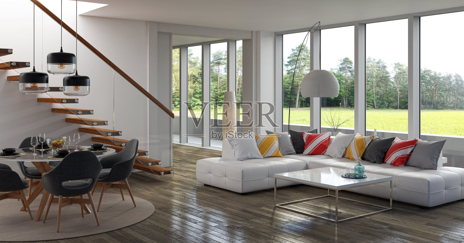 大型豪华现代明亮内饰客厅模型插图3D渲染图像照片摄影图片