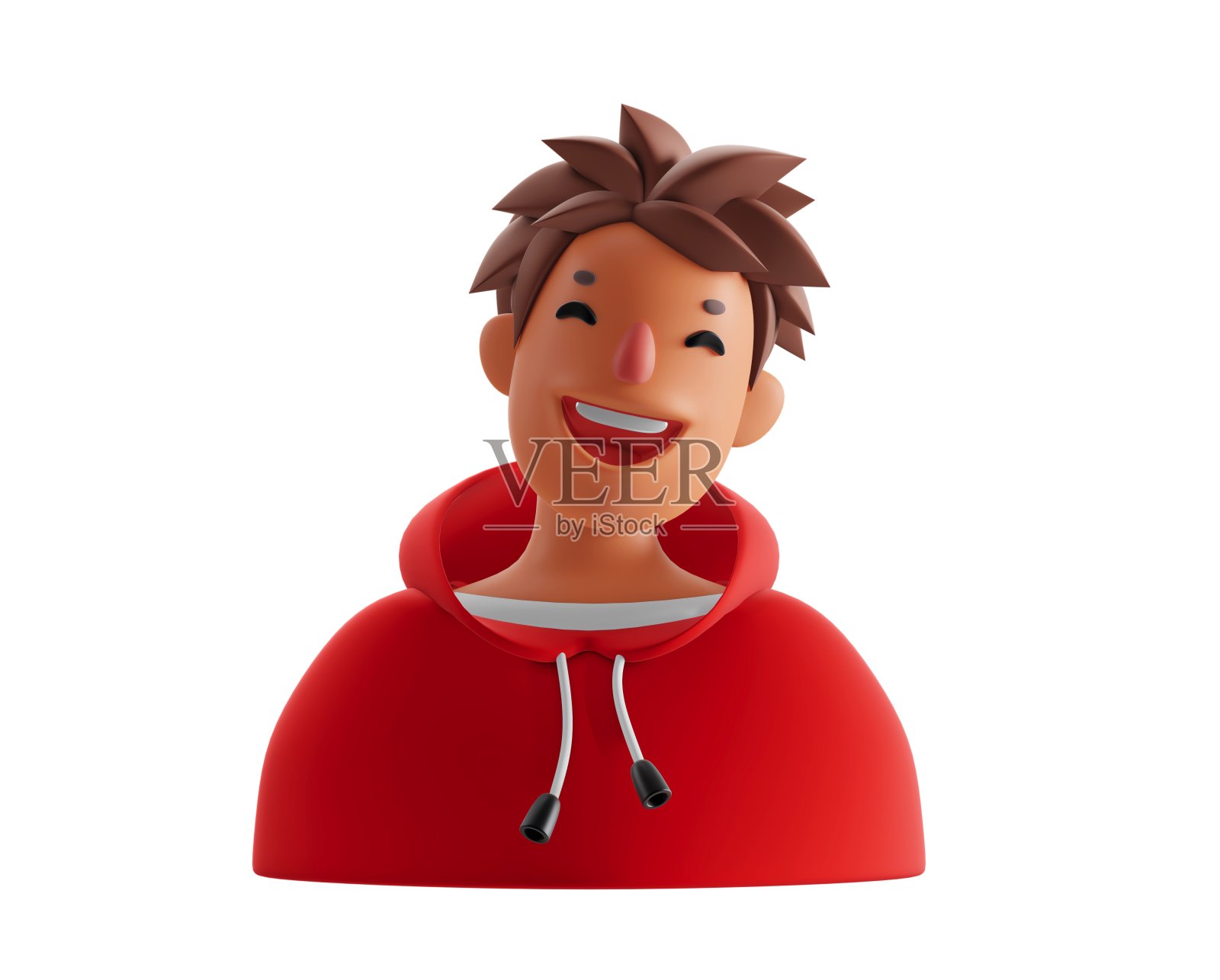 三维卡通插图微笑男性肖像在白色的背景。三维风格设计的化身快乐的人白皮肤棕色头发和红色卫衣照片摄影图片