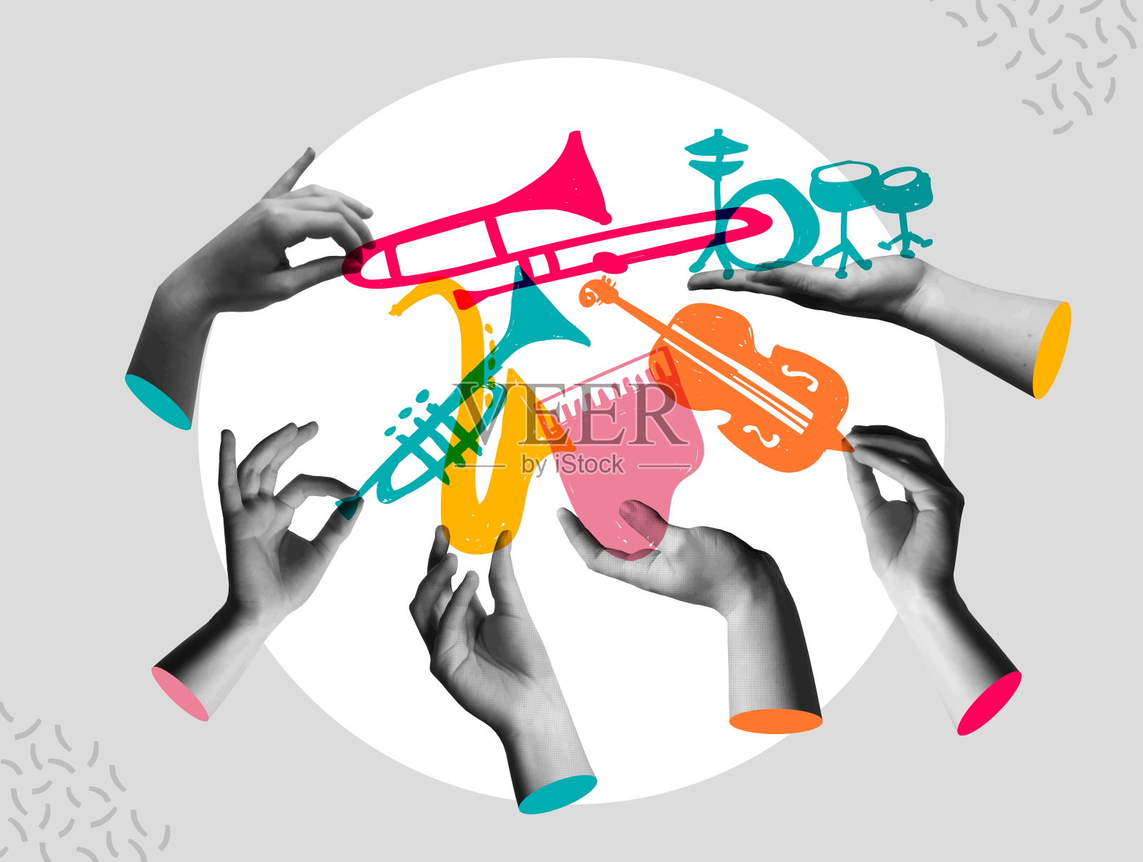 爵士乐器和人的手在复古拼贴矢量插图插画图片素材