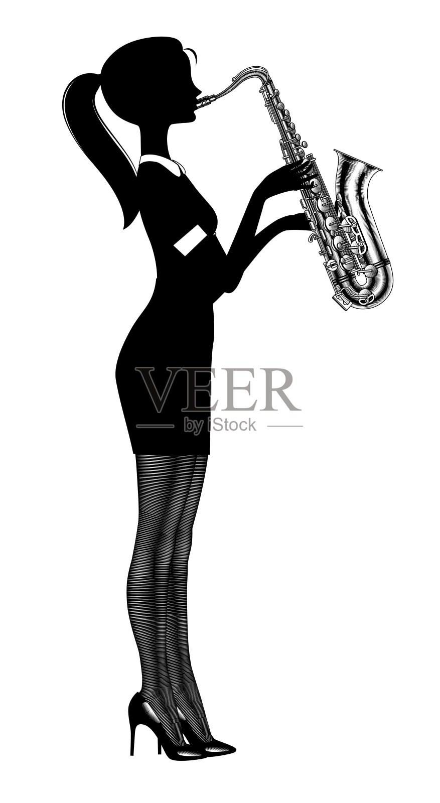 一个年轻女子的黑色侧影在吹萨克斯。插画图片素材