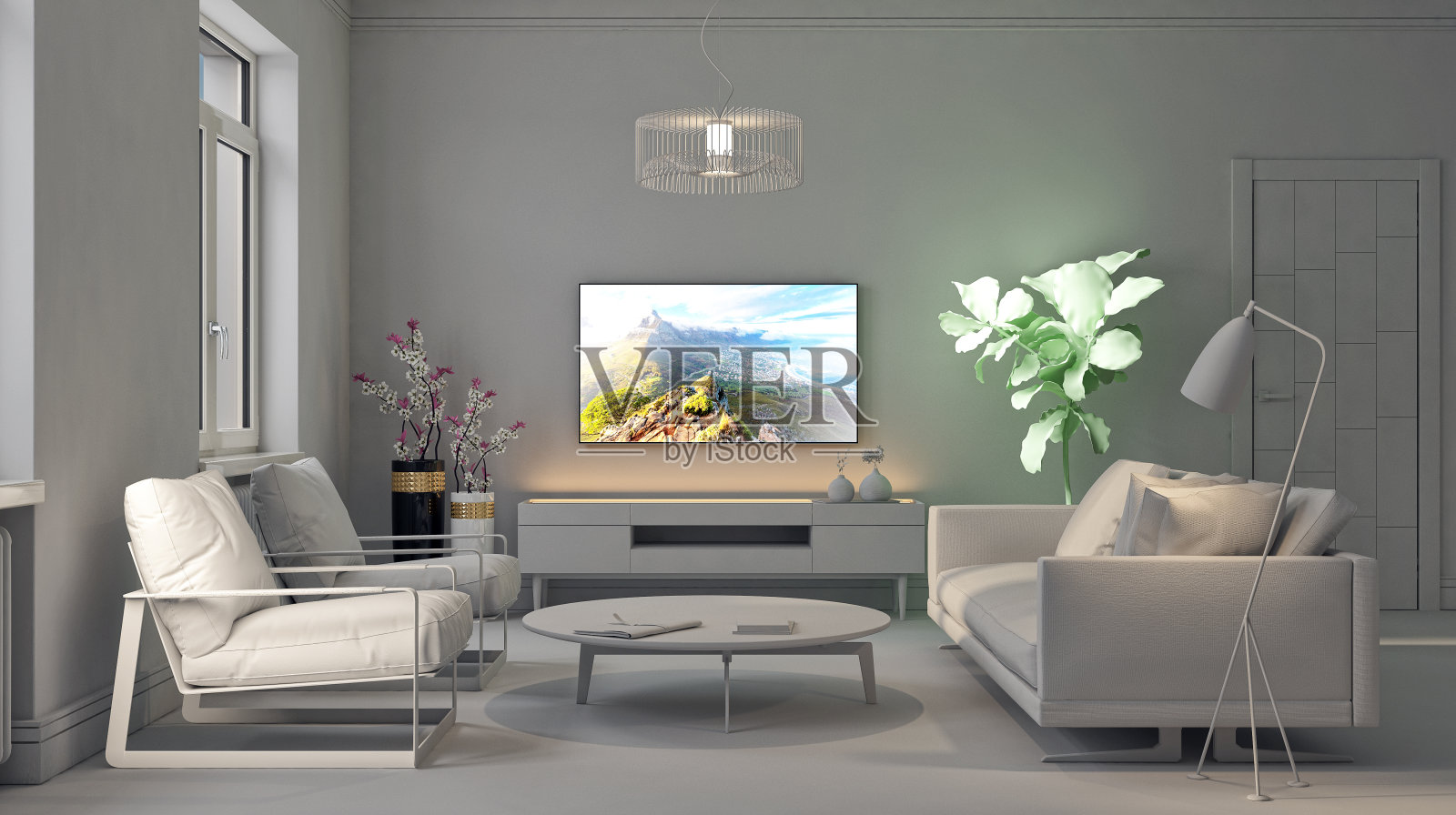 大型豪华现代明亮内饰客厅模型插图3D渲染图像照片摄影图片