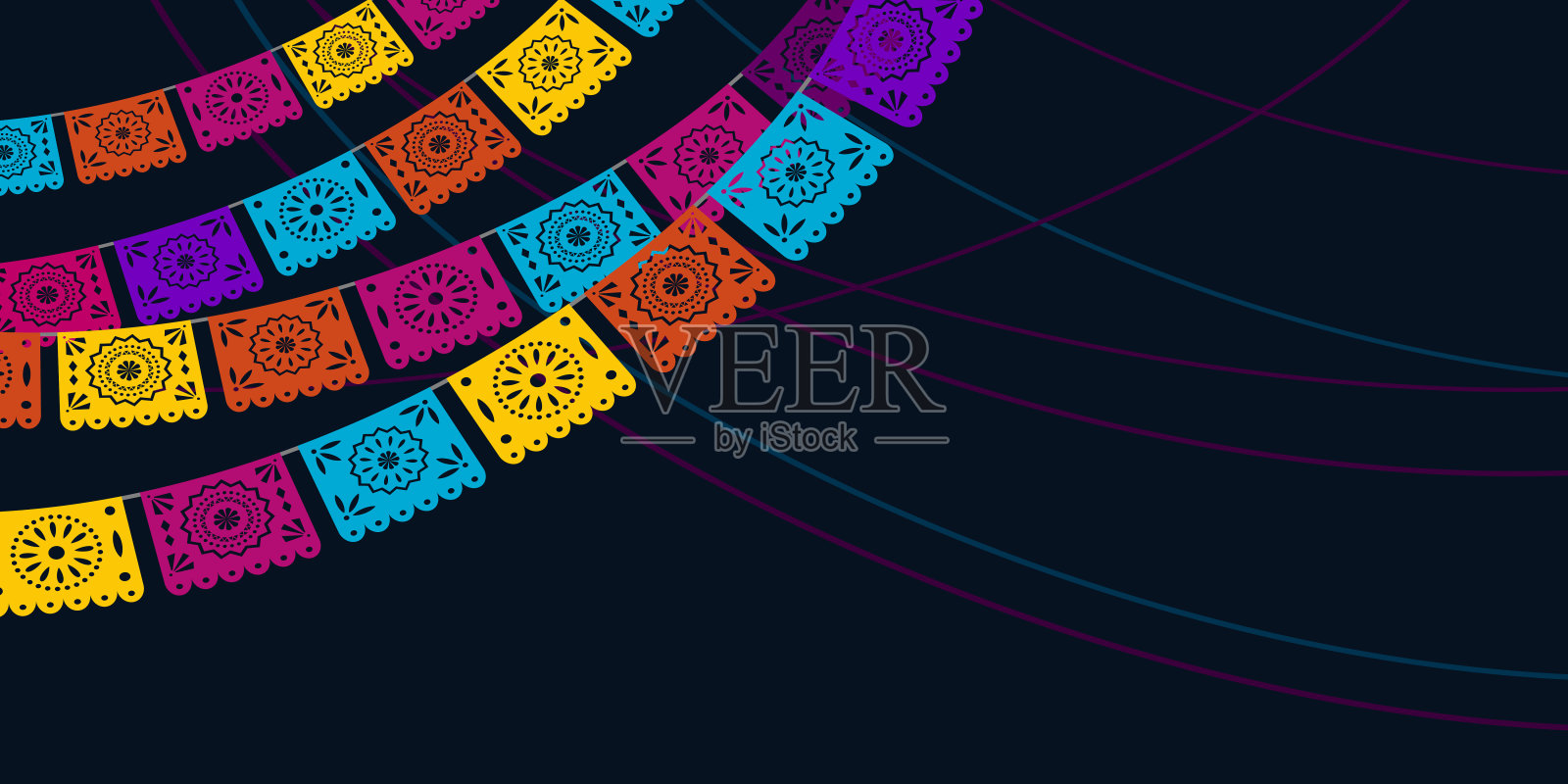 西班牙裔传统月背景。矢量横幅，海报的社会媒体，网络。有复印空间的贺卡。全国西班牙裔传统月，佩佩尔皮卡多图案旗帜在黑色背景插画图片素材