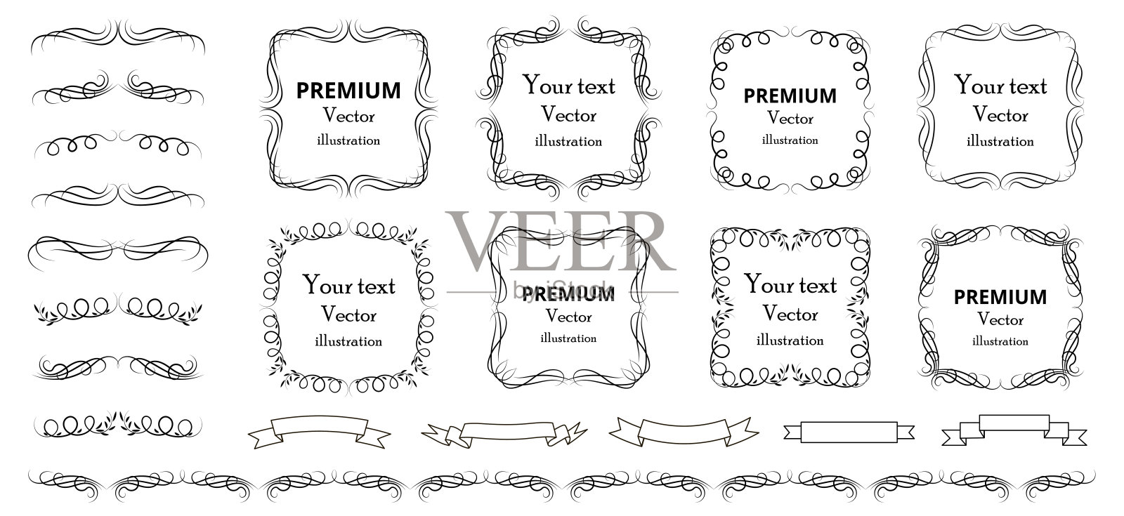 书法设计元素。装饰漩涡或卷轴，复古框架，花饰，标签和分隔。复古矢量图插画图片素材