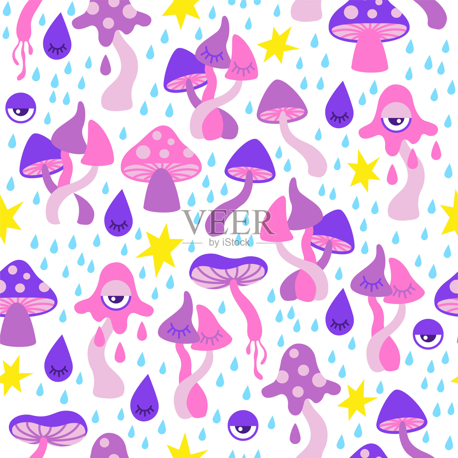 矢量无缝模式的霓虹紫色金刚伞蘑菇。风格的蘑菇在霓虹粉色和紫色的颜色在白色的背景插画图片素材