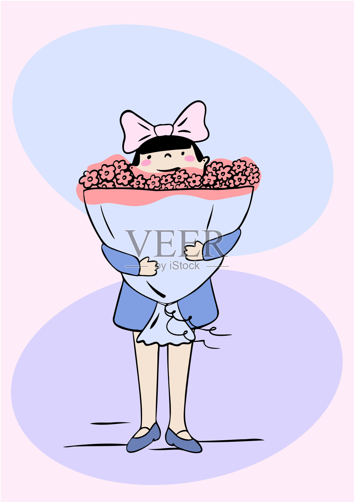女孩拿着一大束粉红色的花插画图片素材