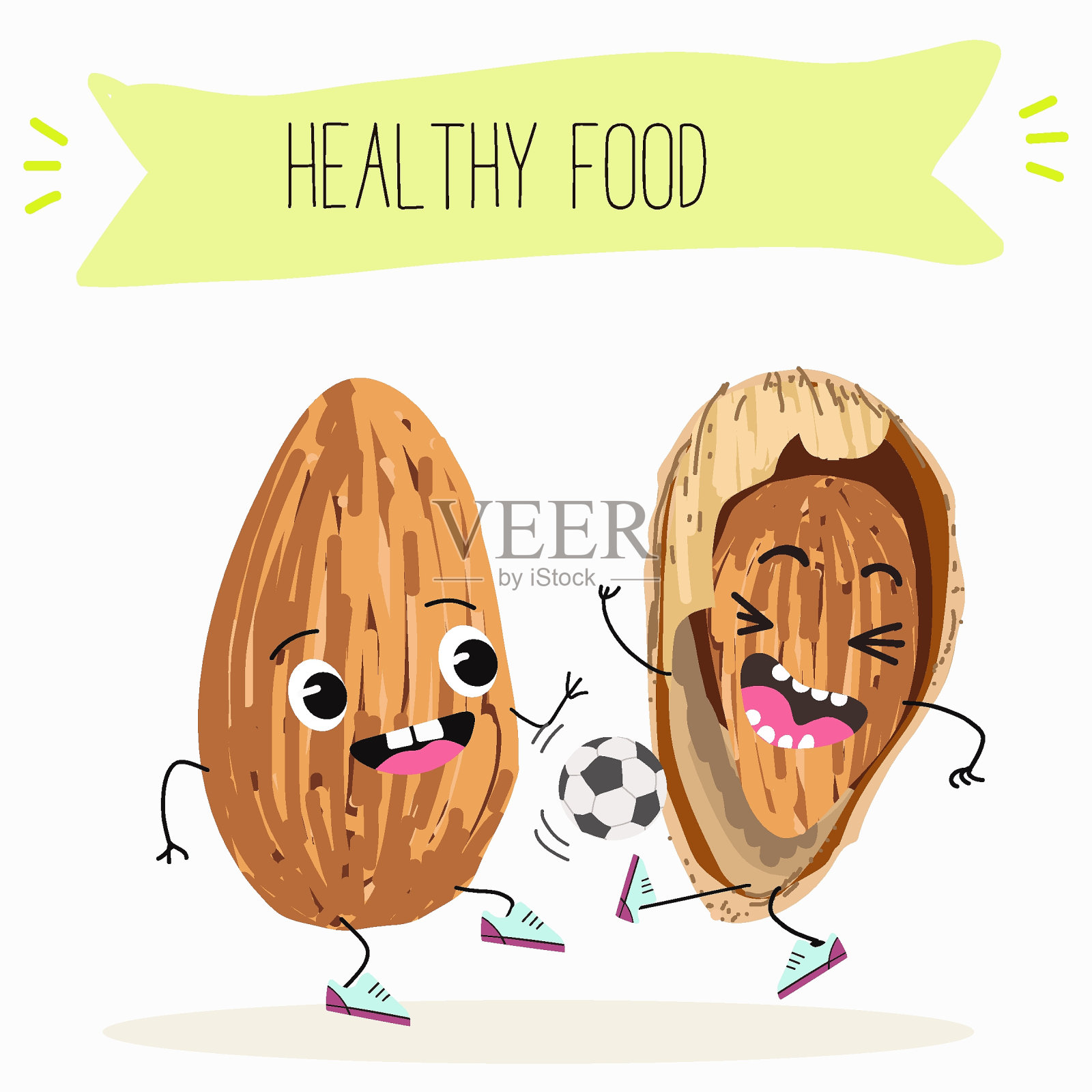 可爱的杏仁坚果人物，有趣的坚果，有不同的活动，户外，运动，乐器。有机食品，健康食品，儿童菜单插图。插画图片素材