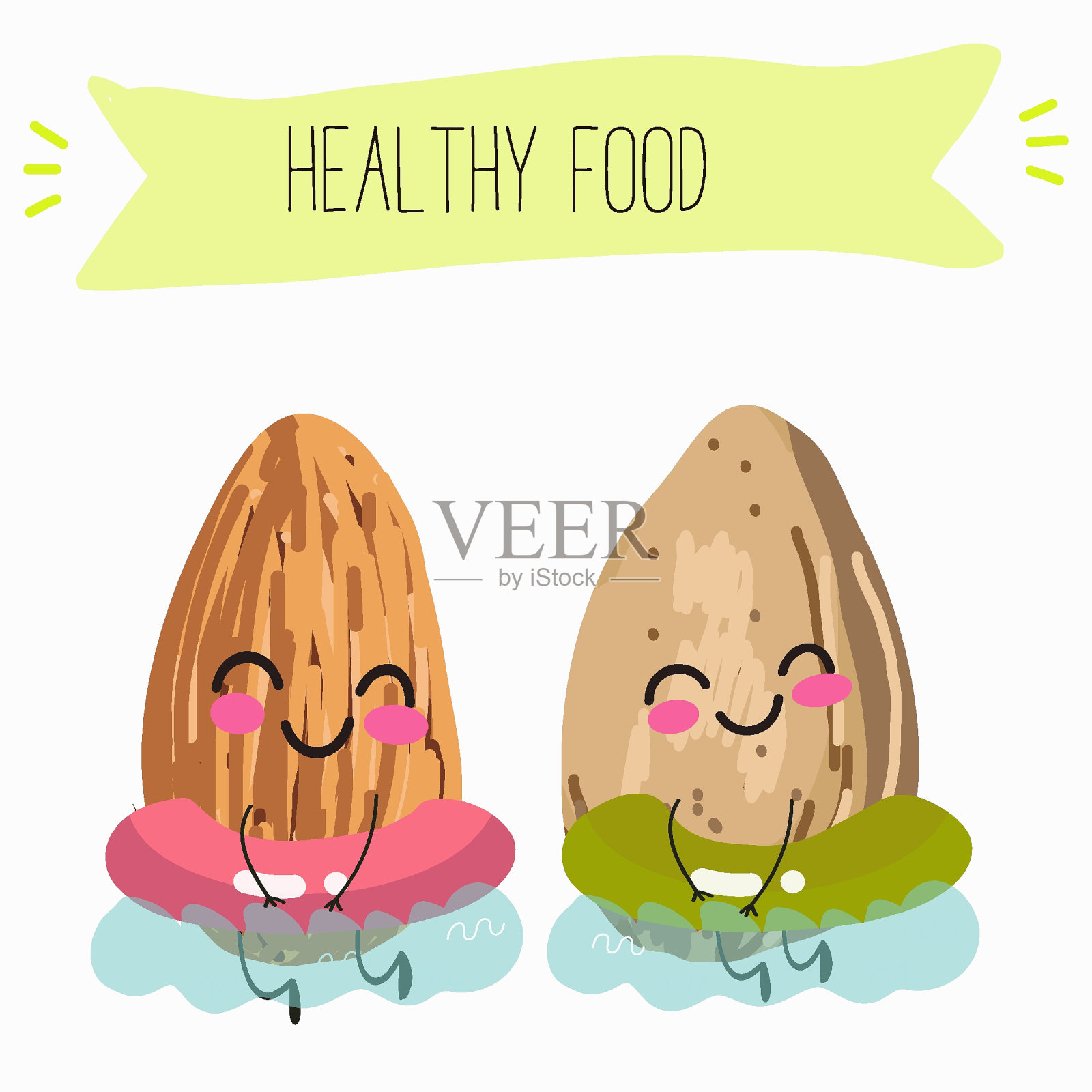 可爱的杏仁坚果人物，有趣的坚果，有不同的活动，户外，运动，乐器。有机食品，健康食品，儿童菜单插图。插画图片素材