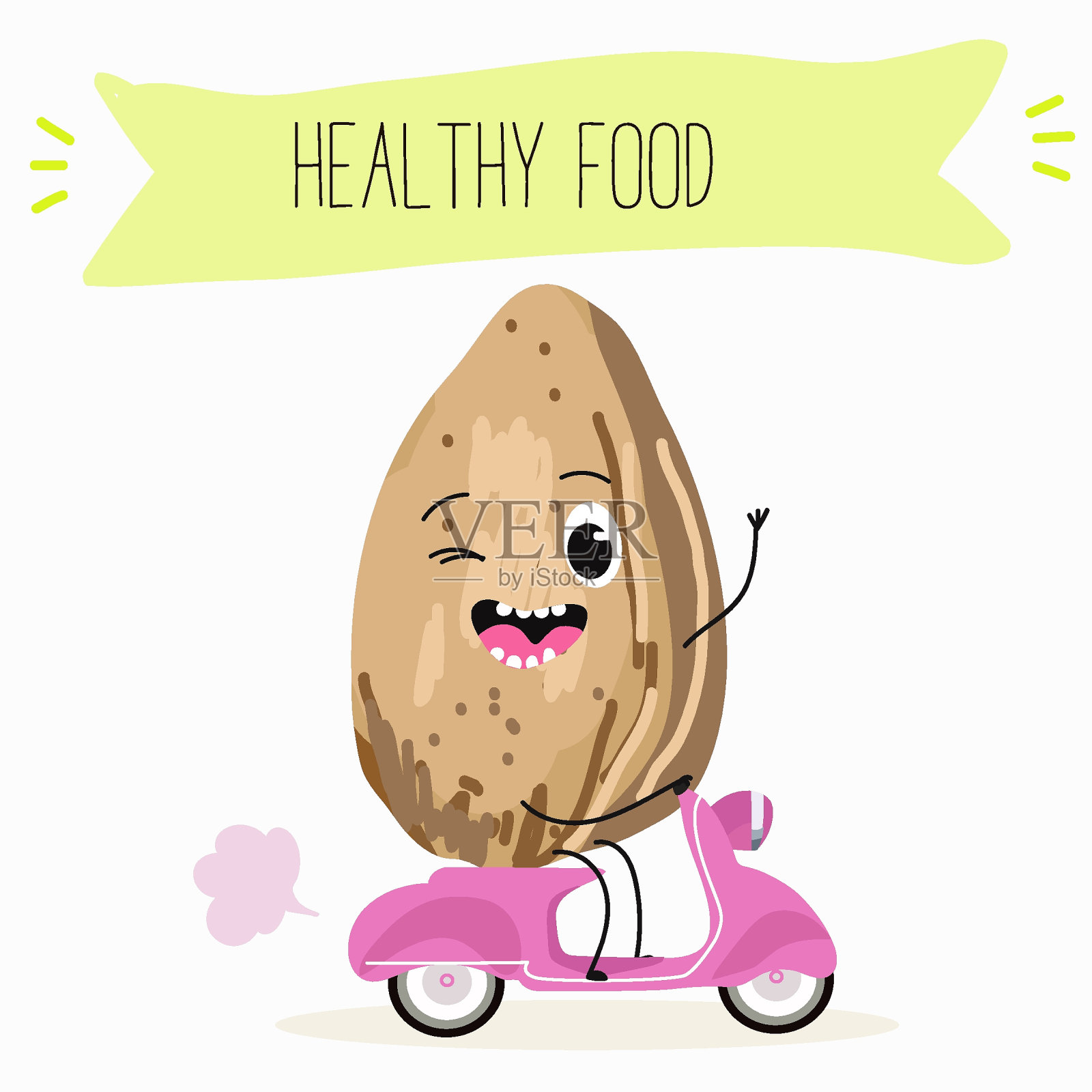 可爱的杏仁坚果人物，有趣的坚果，有不同的活动，户外，运动，乐器。有机食品，健康食品，儿童菜单插图。插画图片素材