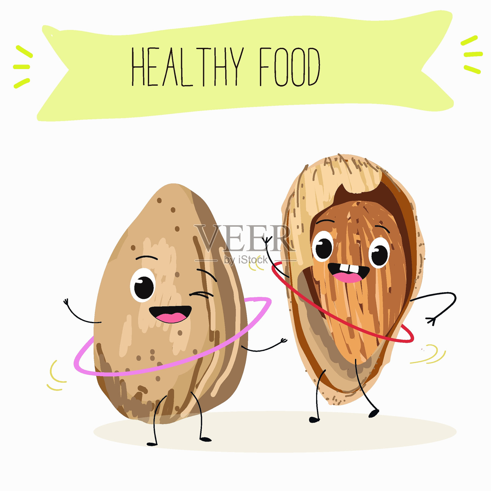 可爱的杏仁坚果人物，有趣的坚果，有不同的活动，户外，运动，乐器。有机食品，健康食品，儿童菜单插图。插画图片素材