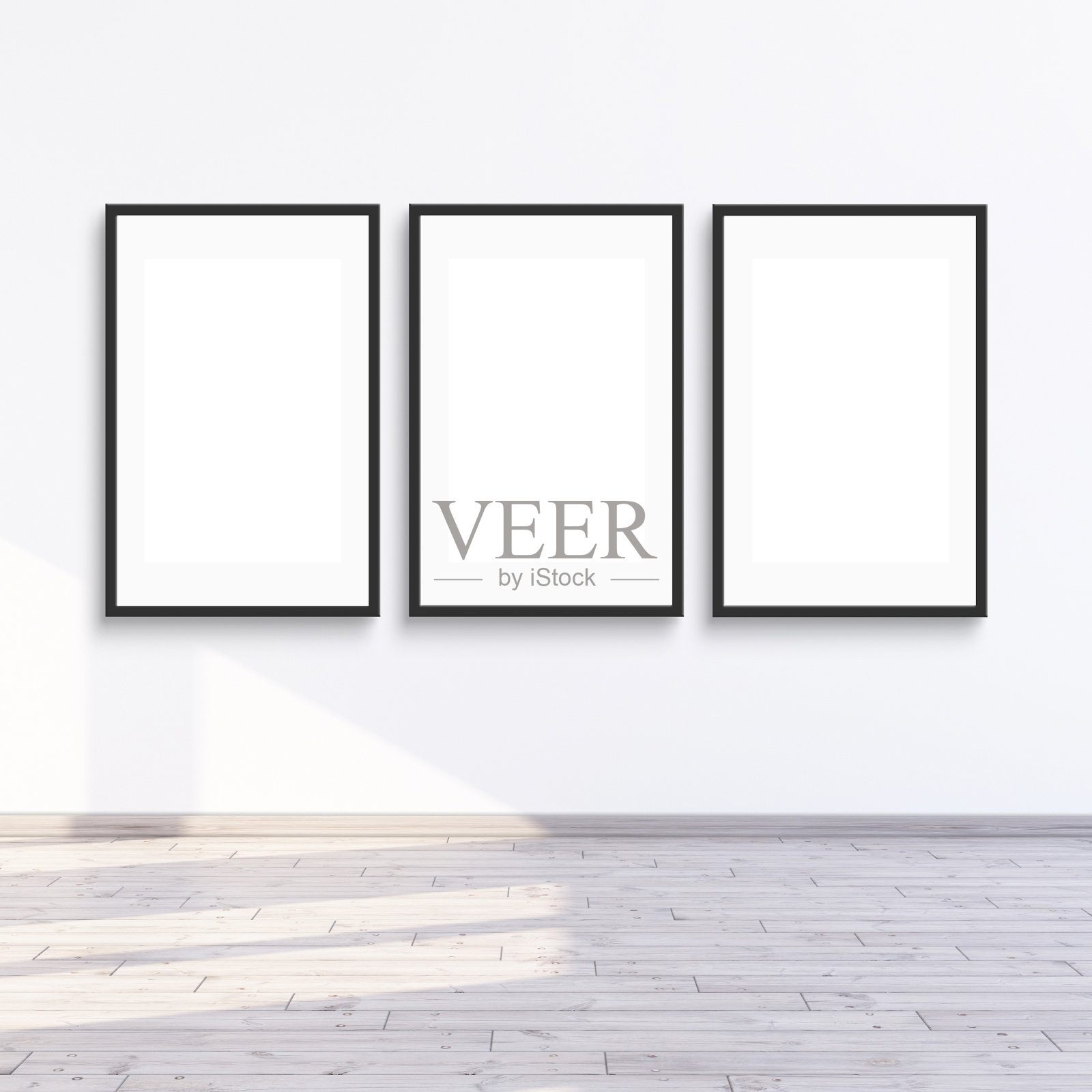 3帧模型挂在白色墙上与阳光，3d渲染插图。照片摄影图片