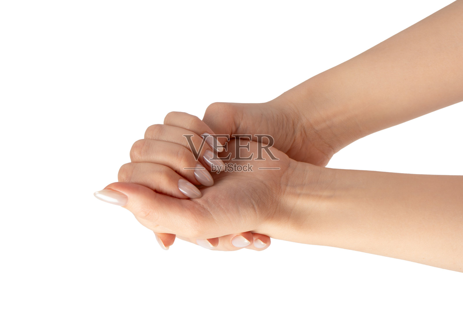 女人的双手被隔离在白色背景上。照片摄影图片