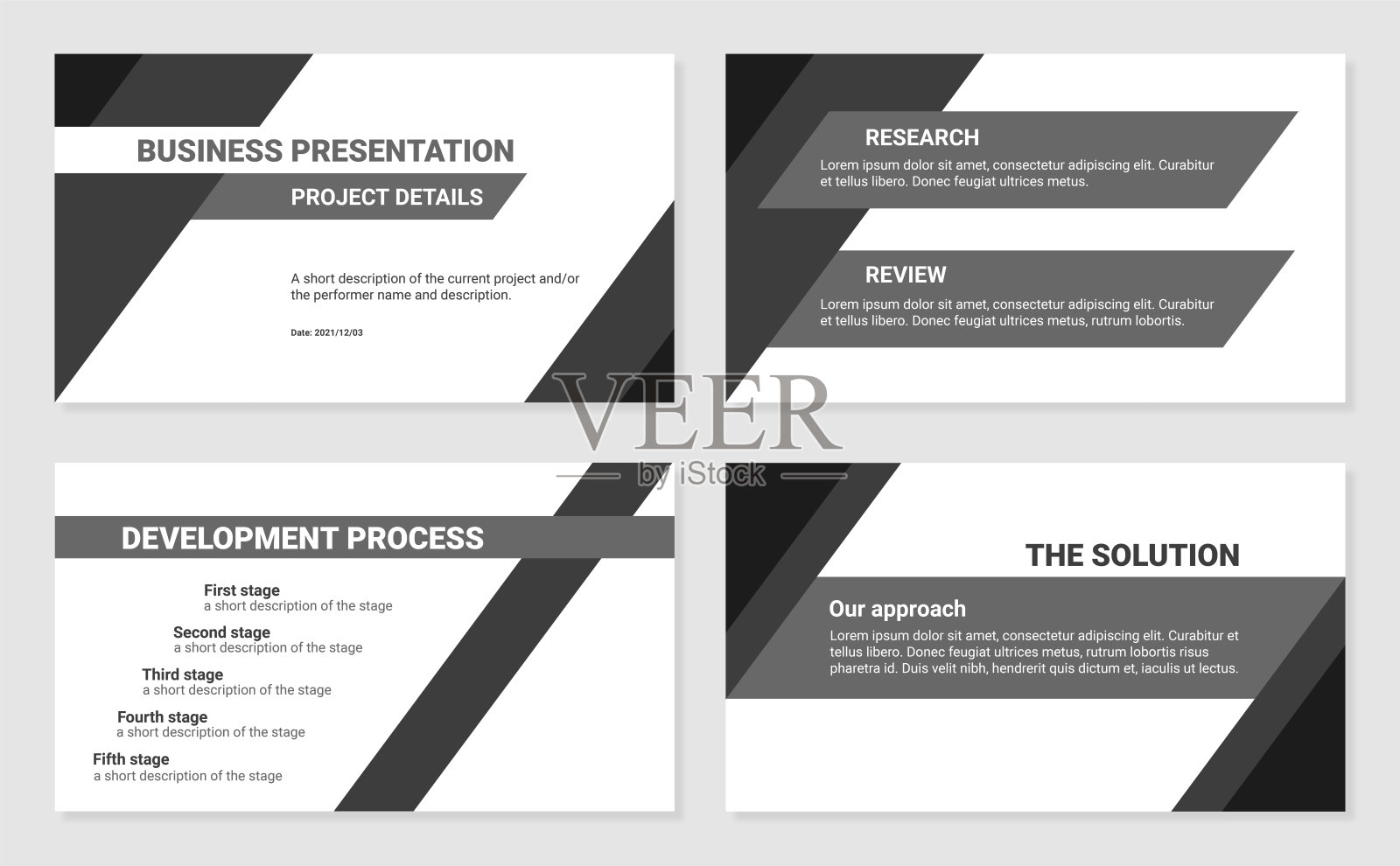 商务演示设计4张幻灯片模板。开发过程，解决方案，研究和回顾。插画图片素材