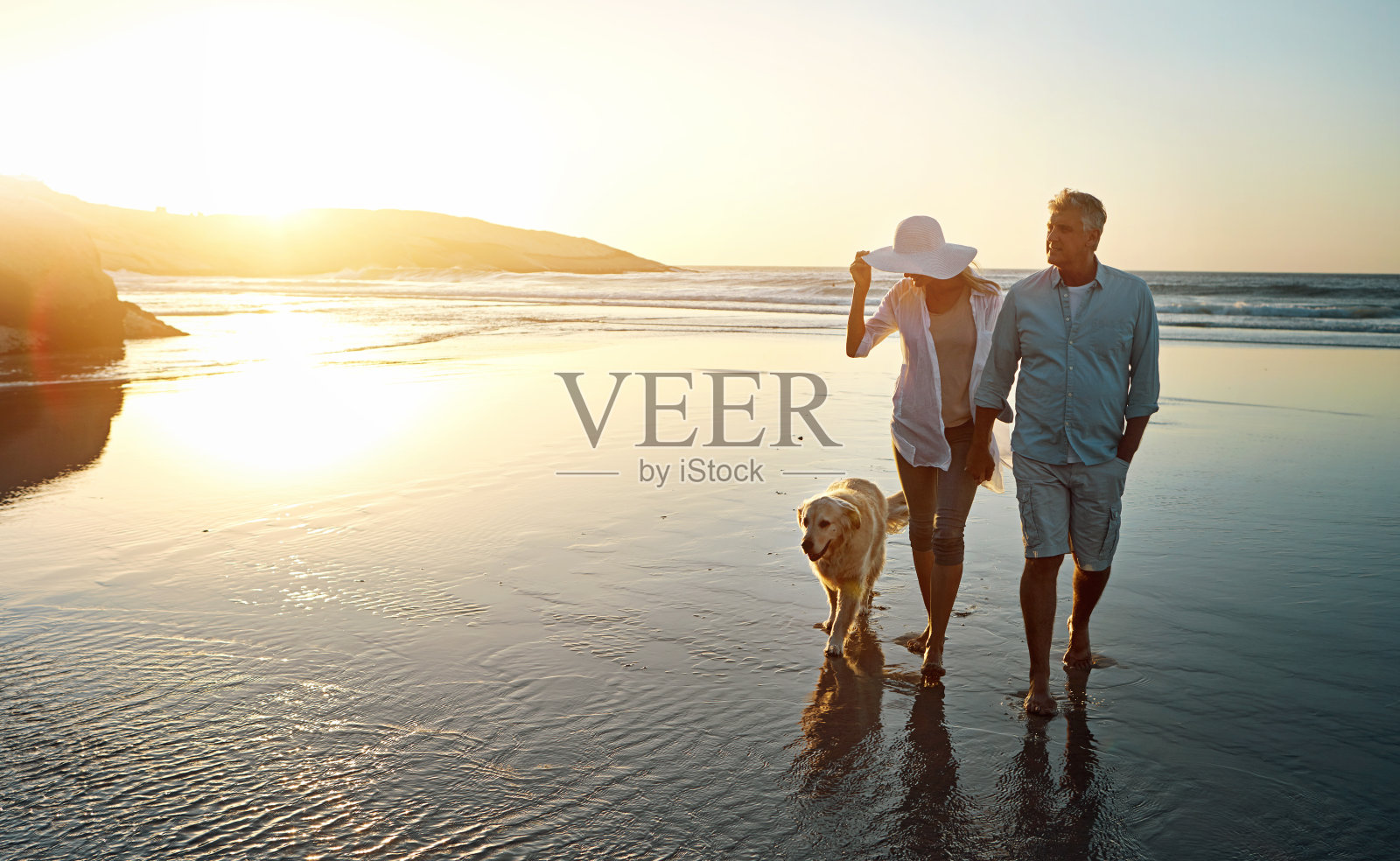 老年夫妇，沙滩，和狗在夕阳下散步，浪漫，爱或在大自然中联系在一起。男人，女人或恋人手牵着手在户外阳光下的水或海洋海岸与宠物或动物照片摄影图片