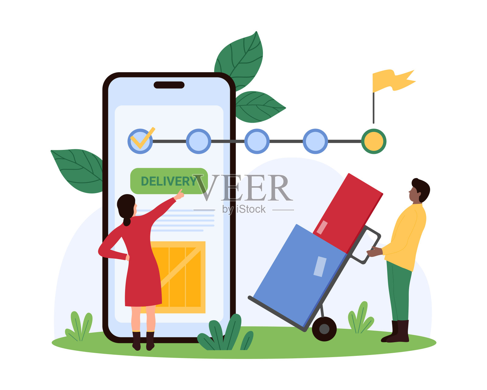 在手机app中为客户提供送货订单时间表，小人查看送货状态插画图片素材