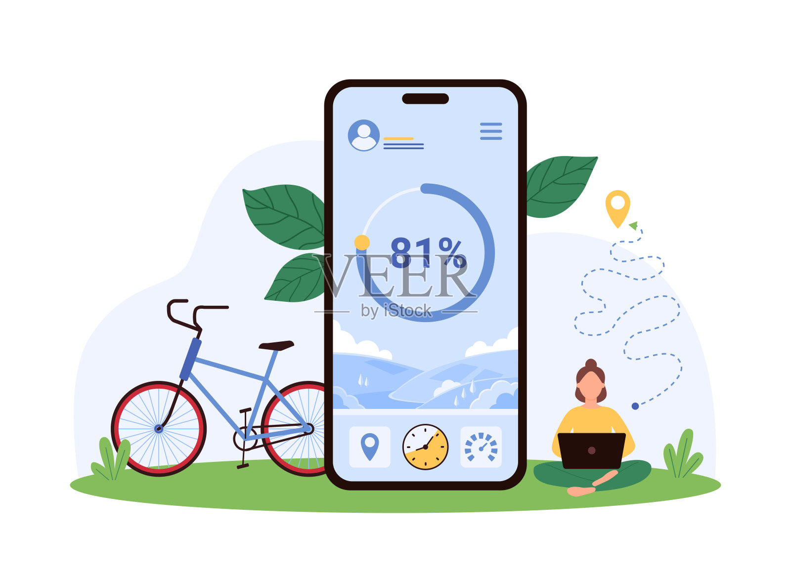 自行车健身智能应用，小女人在屏幕上跟踪自行车训练插画图片素材