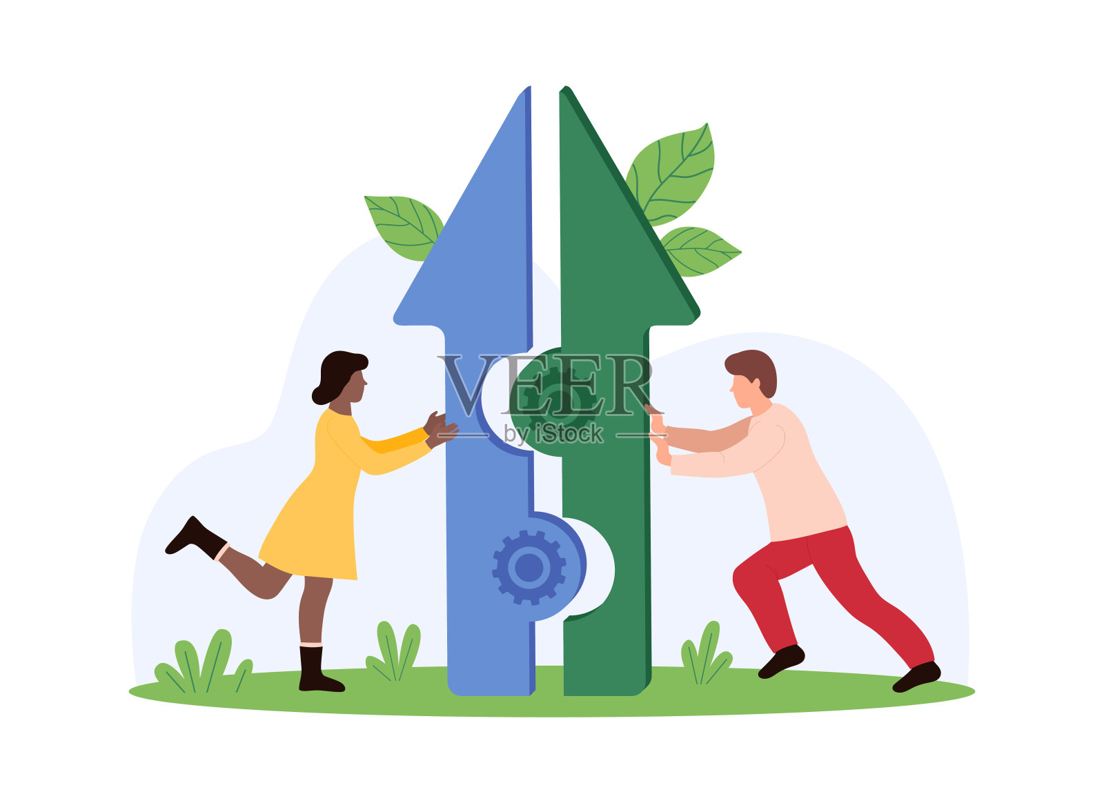 商业团队合作，团队建设实现目标，小人物推动拼图碎片插画图片素材