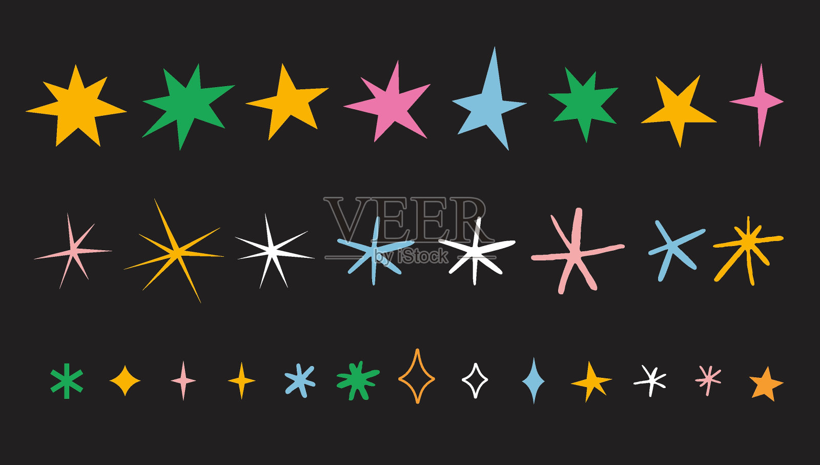 各种星星，火花和雪花集，卡通风格。晚会、圣诞节、生日装饰色彩鲜艳。新潮的现代矢量插图，手绘纹理效果，平面设计插画图片素材