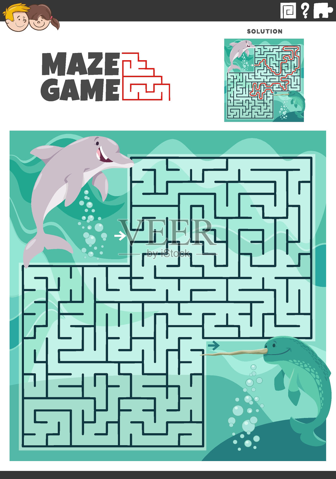 迷宫游戏与卡通海豚和独角鲸动物插画图片素材